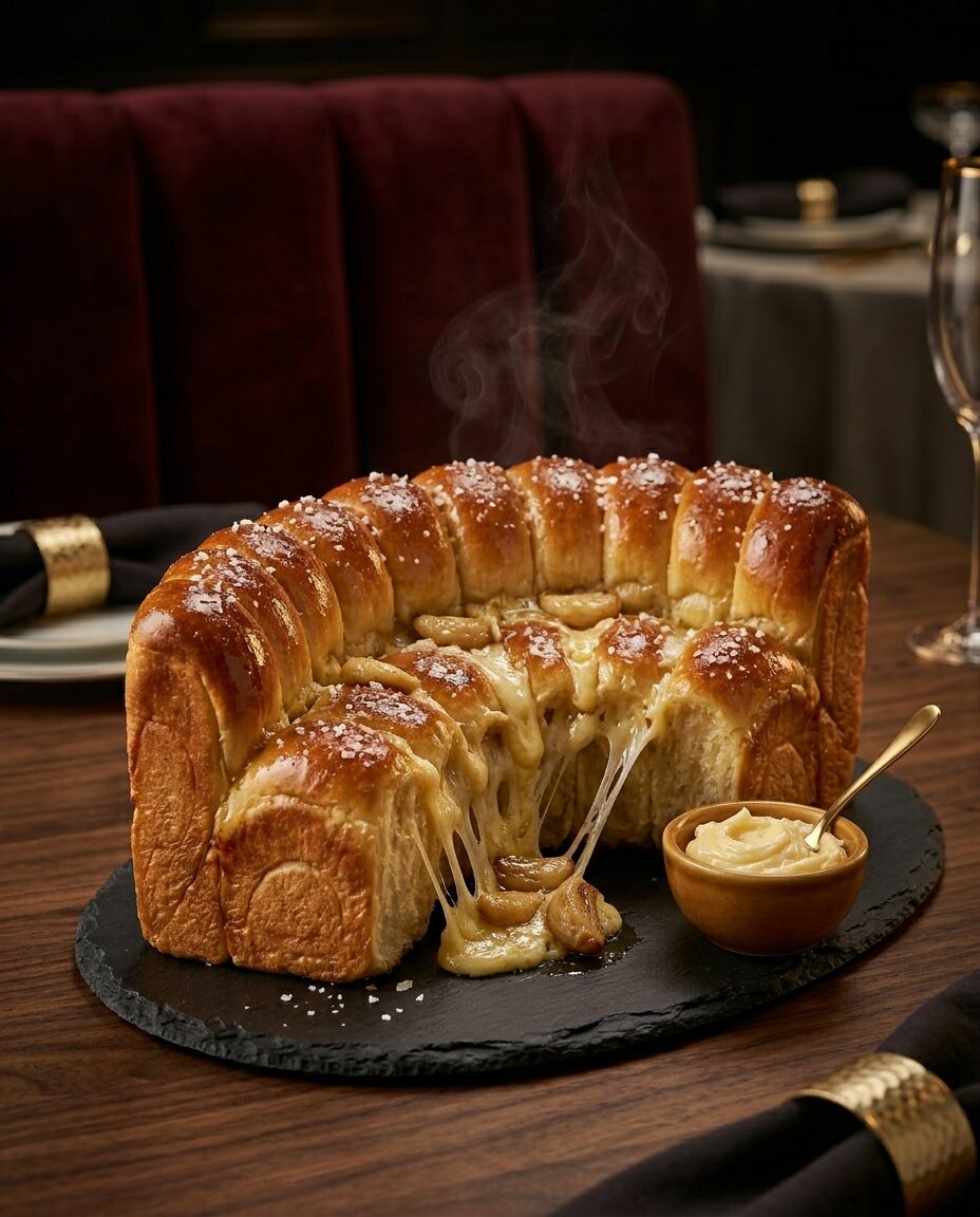 The Booth's Crack — pull-apart milk bread baked in the shape of a booth with a molten garlic-cheese center and rising steam