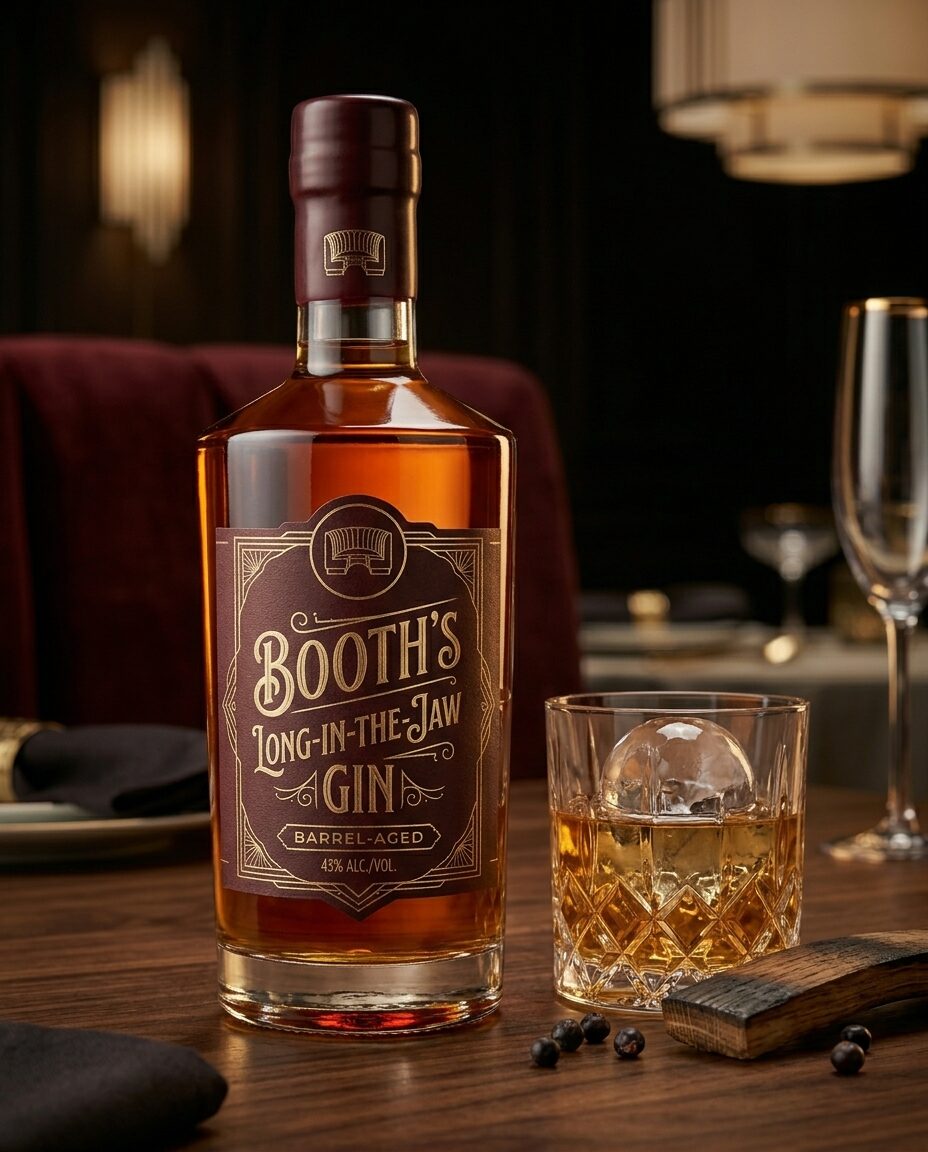 Bottle of Booth's Long-in-the-Jaw Gin with a vintage brass-foil label beside a glass over a sphere of ice