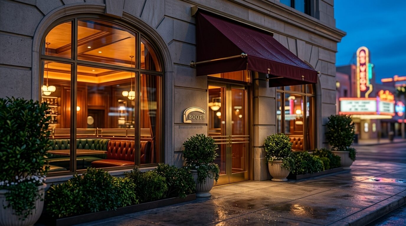 Booth's storefront at dusk, warm light spilling through the arched window onto the sidewalk
