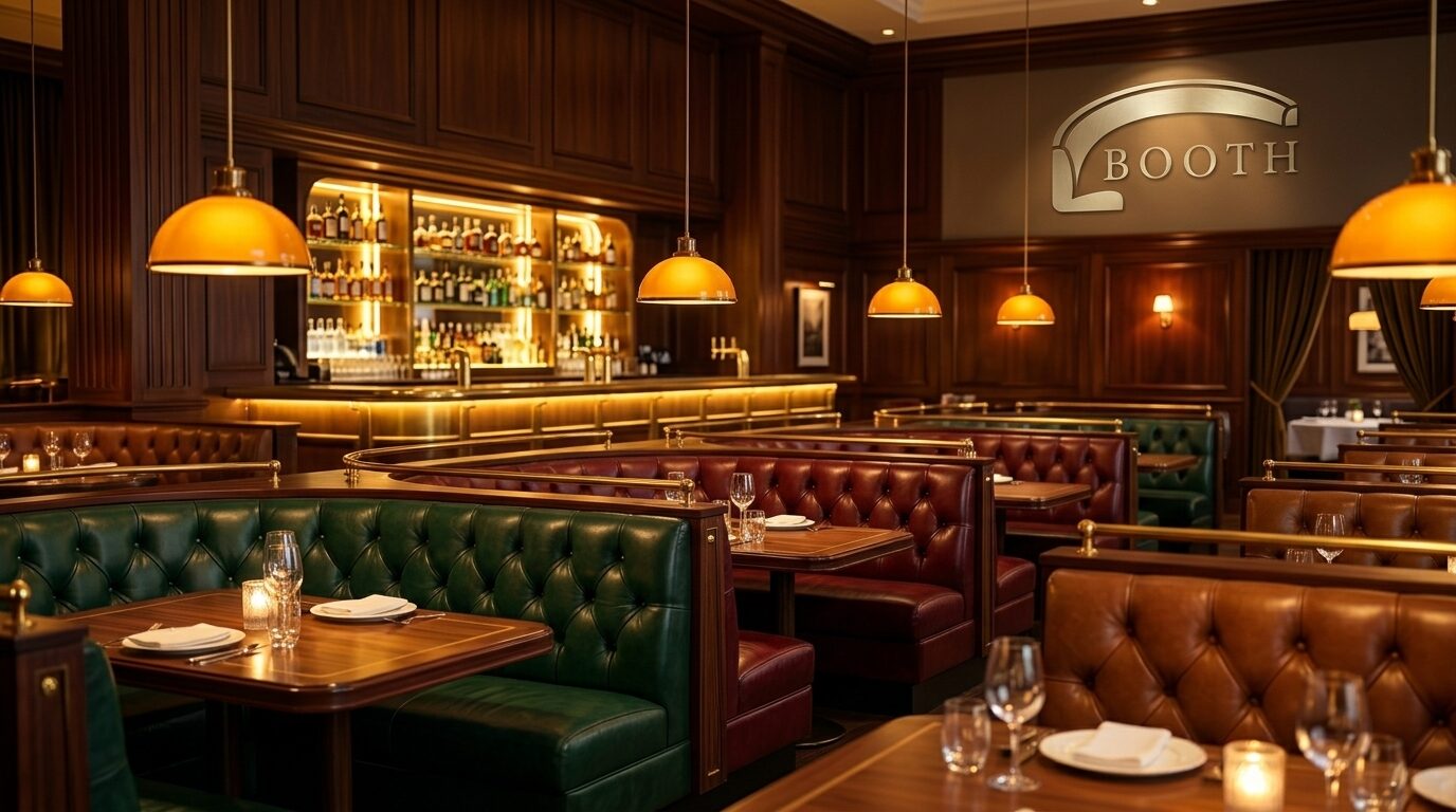 The wider Booth dining room — rows of emerald and oxblood tufted booths under warm amber pendants, with a backlit wood-paneled bar