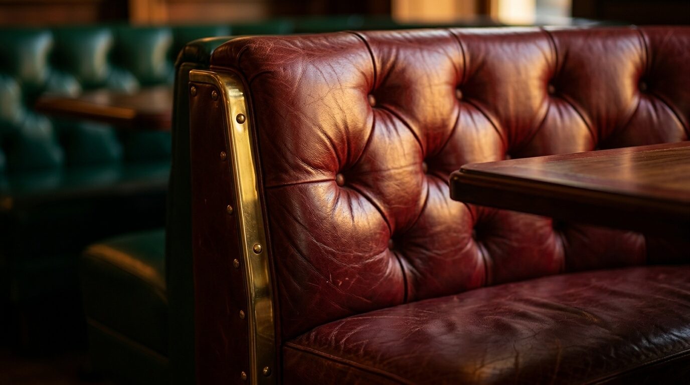 Oxblood tufted leather booth edge with a brushed brass rail and rivet trim