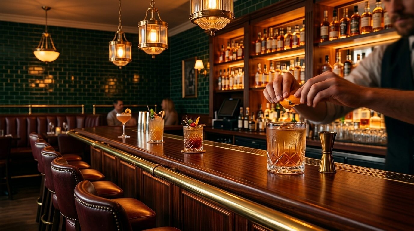 A bartender twisting an orange-peel expression over a cocktail at the emerald backbar